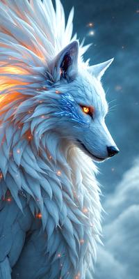 The primary subject of the image is a white wolf with blue eyes, standing in front of a blue sky. The wolf has a fluffy, white coat and appears to be looking directly at the viewer. The setting is a cloudy sky, which adds a dramatic and moody atmosphere to the scene. The visual style of the image is digital art, as it is a well-rendered and detailed illustration of the wolf. The colors and mood of the image are predominantly blue and white, creating